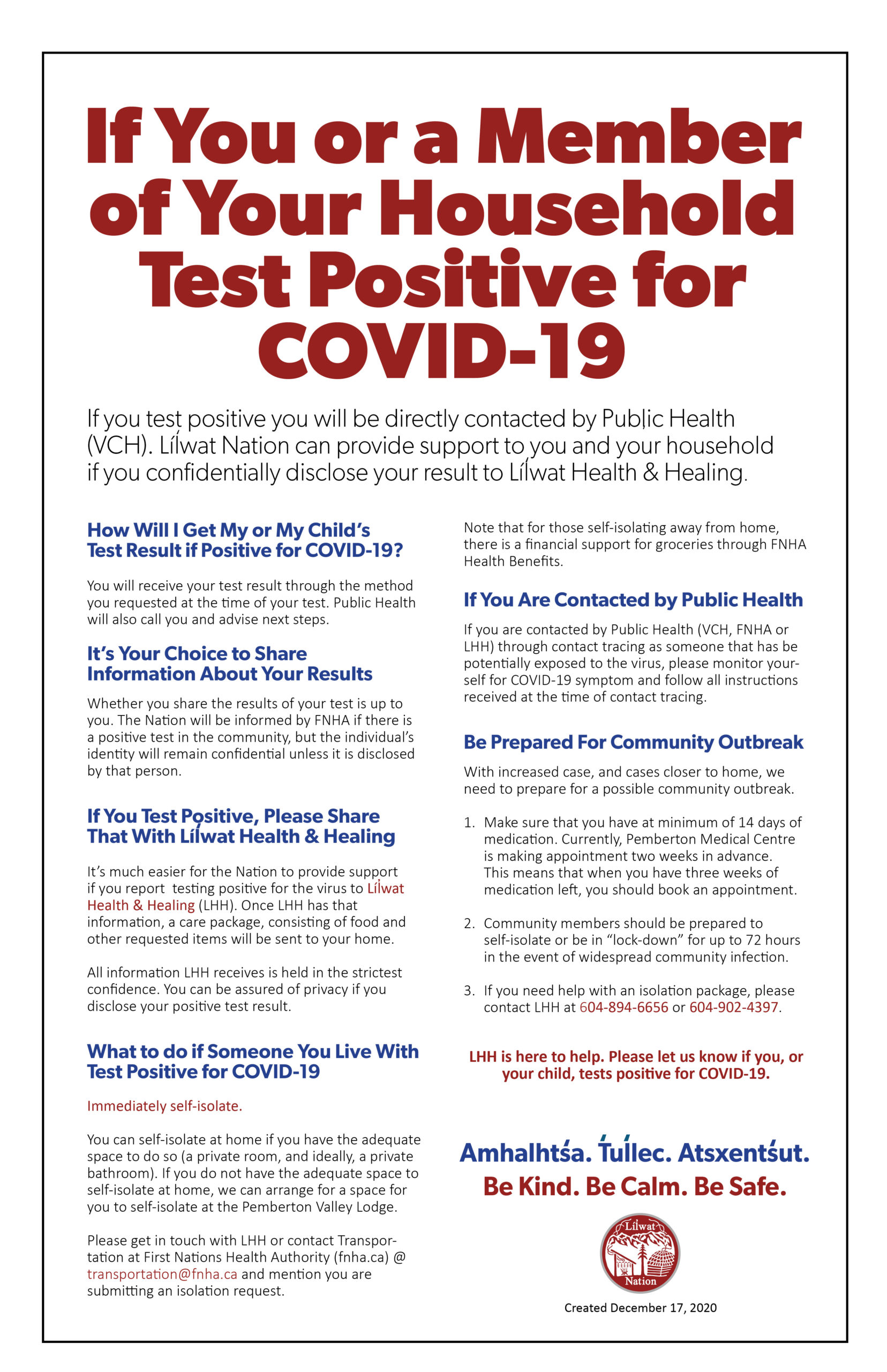 If You, or a Household Member, Test Positive for COVID19 guidelines Lil'wat